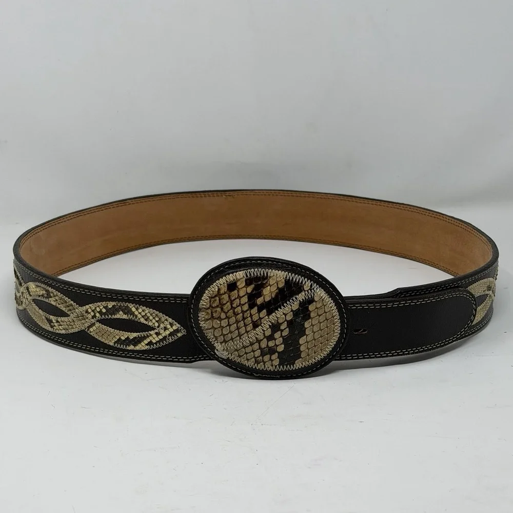 Men's Vintage Genuine Python Snakeskin Leather Belt Size 38 Inlay Covered Buckle